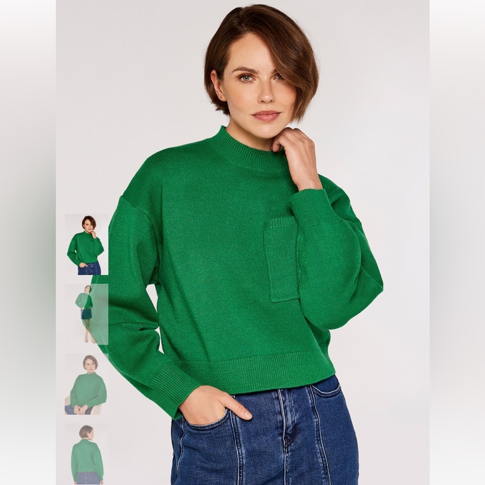 Apricot Cropped Long Sleeve Front Pocket Knit Mock Neck Pocket Jumper